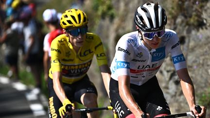 Tadej Pogacar devant Jonas Vingegaard lors de la 17e étape du Tour de France, le 20 juillet 2022. (ANNE-CHRISTINE POUJOULAT / AFP)