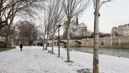 le quartier de la cath&eacute;drale Notre-Dame, &agrave; Paris, sous la neige, le 5 f&eacute;vrier 2012.&nbsp; (FRANCOIS GUILLOT / AFP)