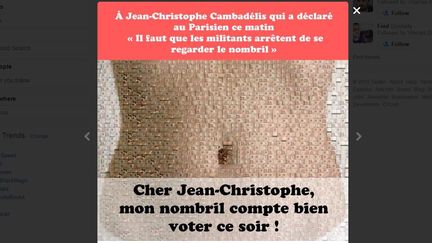 Capture d'&eacute;cran d'un message post&eacute; sur Twitter en r&eacute;ponse aux d&eacute;clarations de Jean-Christophe Cambad&eacute;lis dans "Le Parisien", jeudi 21 mai 2015.&nbsp; (TWITTER.COM )