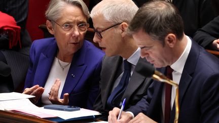 The head of government Elisabeth Borne, and ministers Franck Riester and Olivier Véran, at the National Assembly, October 31, 2023. (EMMANUEL DUNAND / AFP)