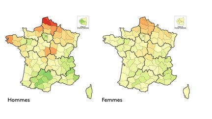 La carte de la surmortalité des cancers en France entre 2007 et 2016 (rapports standardisés, source : Santé publique France). (FRANCEINFO)