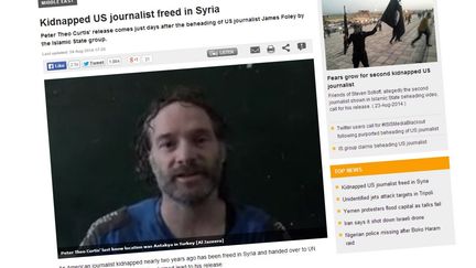 La lib&eacute;ration du journaliste am&eacute;ricain Peter Theo Curtis avait &eacute;t&eacute; annonc&eacute;e dans un premier temps par la cha&icirc;ne qatarie Al Jazeera, dimanche 24 ao&ucirc;t 2014. (AL JAZEERA)