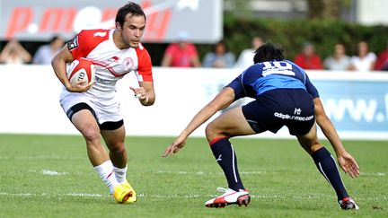 Le short du Montpellier Rugby, sur lequel figure de la publicit&eacute;, le 24 ao&ucirc;t 2013 lors d'un match contre Biarritz.&nbsp; (NICOLAS MOLLO / AFP)