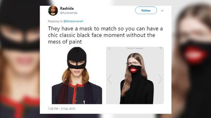 Message posté par une internaute au sujet d'un pull de la marque Gucci rappelant une "blackface", le 6 février 2019. (TWITTER / FRANCEINFO)