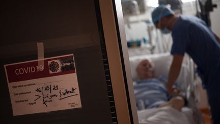 Un soignant s'occupe d'un patient atteint du Covid-19 dans le service de réanimation de&nbsp;l'hôpital privé Océane à Vannes (Morbihan), le 20 avril 2021.&nbsp; (LOIC VENANCE / AFP)