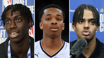 Sidy Cissoko, Bilal Coulibaly et Rayan Rupert ont été draftés par une équipe de NBA, dans la nuit du 22 au 23 juin 2023. (AFP / SIPA)