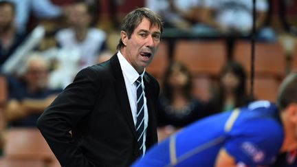 Laurent Tillie, entraîneur de l'équipe de France de handball, lors du match qui l'opposait à la Pologne, à Katowice (Pologne), le 30 août 2017. (PIOTR NOWAK / AFP)