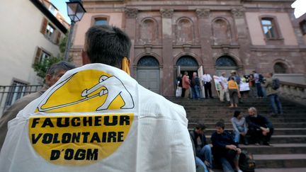 Devant le tribunal de Colmar (Haut-Rhin), lors du proc&egrave;s en premi&egrave;re instance de 54 faucheurs d'une vigne OGM, le 28 septembre 2011.&nbsp; (FREDERICK FLORIN / AFP)