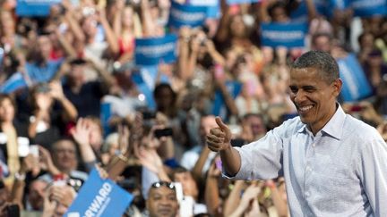 Le pr&eacute;sident d&eacute;mocrate sortant, Barack Obama, arrive &agrave; un meeting &agrave; Palm Beach, en Floride (Etats-Unis), le 9 septembre 2012.&nbsp; (SAUL LOEB / AFP)