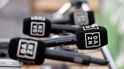 DAZN microphones during the match between Bayer Leverkusen and Werder Bremen on April 14, 2024 at the BayArena in Leverkusen (Germany). (AFP)