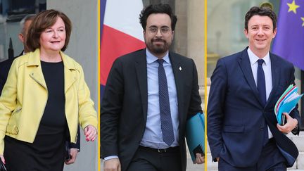 Les ministres Nathalie Loiseau, Benjamin Griveaux et le secrétaire d'Etat Mounir Mahjoubi quittent l'Elysée, en mars 2019. (LUDOVIC MARIN/AFP)