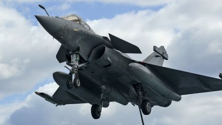 Un Rafale au large de l'île de Chypre, le 10 février 2020.&nbsp; (MARIO GOLDMAN / AFP)