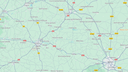 Capture écran de Google Maps pointant la commune de Courmelles (Aisne) où une femme est morte dans une coulée de boue causée par de violents orages, dans la nuit du 1er au 2 mai 2024. (GOOGLE MAPS)