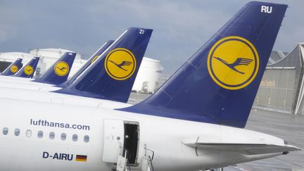 Des avions de la flotte Lufthansa, &agrave; Francfort (Allemagne), le 13 ao&ucirc;t 2012. (CHRISTOPHE LEHENAFF / PHOTONONSTOP / AFP)