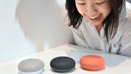 Un assistant vocal "Google Home mini" présenté en trois couleurs. (MAXPPP)