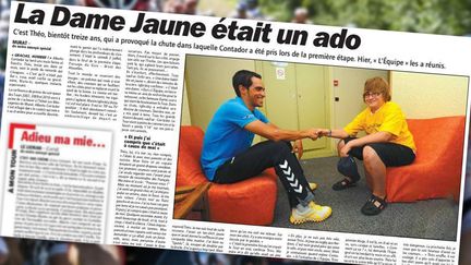 Théo rencontre le cycliste espagnol Alberto Contador, le 11 juillet 2011, à Murat (Cantal), lors d'un jour de repos sur le Tour de France.&nbsp; (PIERRE-ALBERT JOSSERAND / FRANCEINFO / AFP / L'EQUIPE)