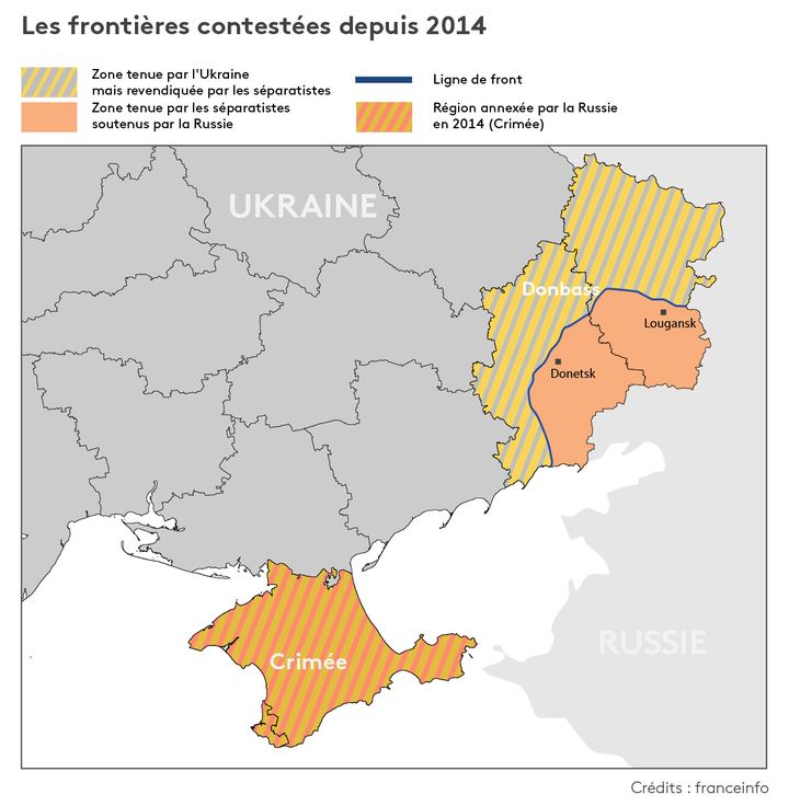 Les frontières de l'Ukraine contestées depuis 2014. (PIERRE-ALBERT JOSSERAND / FRANCEINFO)