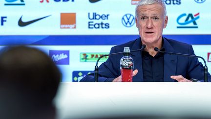 Didier Deschamps, selectionneur des Bleus, lors de la conférence de presse tenue pour annoncer les joueurs sélectionnés en Equipe de France, le 9 novembre 2023 à Paris. (FRANCK FIFE / AFP)