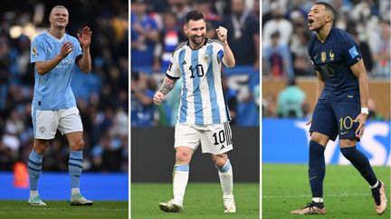 Erling Haaland, Lionel Messi et Kylian Mbappé sont les trois grands favoris pour remporter le Ballon d'or 2023. (AFP)