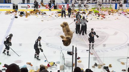 L'envoi de peluches offertes par les spectateurs lors d'un match de hockey opposant les&nbsp;Portland Winterhawks&nbsp;aux&nbsp;Vancouver Giants à Langley (Canada), le 16 décembre 2016. (RICH LAM / GETTY IMAGES NORTH AMERICA)