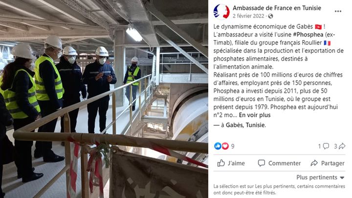 Post Facebook de l’ambassadeur de France en Tunisie à la suite de la visite de l’usine Phosphea à Gabès, le 2 février 2022. (CAPTURE D'ECRAN)