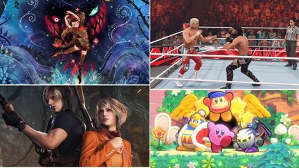 “Bayonetta Origins", “WWE 2K23”, “Resident Evil 4” et "Kirby's Return to the Dream Land Deluxe". (Nintendo / 2K Games /  Capcom)