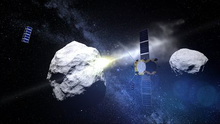 Illustration de la mission Dart de la Nasa, visant à percuter un astéroïde avec un vaisseau spatial "kamikaze", le 26 septembre 2022. (EUROPEAN SPACE AGENCY / AFP)