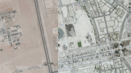 Le site du stade de Lusail (Qatar) en 2017 et en 2022. (GOOGLE EARTH)