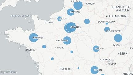 Capture d'écran de la carte des perquisitions administratives menées depuis la mise en place de l'état d'urgence, le 14 novembre 2015.&nbsp; (FRANCETV INFO)