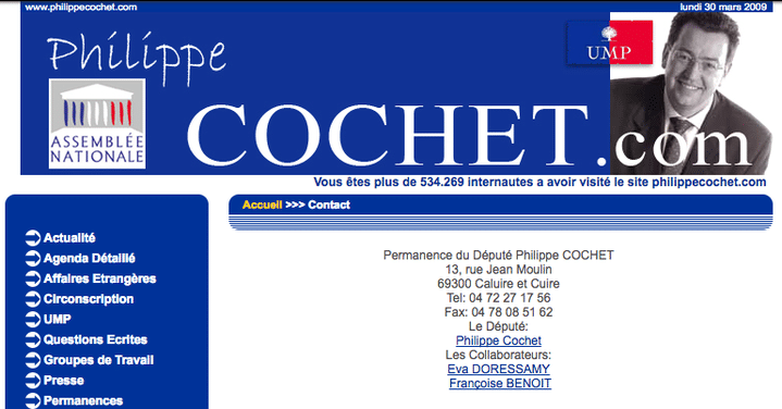 Une archive du site internet de Philippe Cochet, datée du 30 mars 2009 et consultée le 18 février 2017. (PHILIPPECOCHET.COM / WEBARCHIVE)