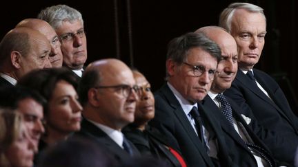 Des membres du gouvernement lors de la conf&eacute;rence de presse de Fran&ccedil;ois Hollande &agrave; l'Elys&eacute;e, le 14 janvier 2014. (CHRISTOPHE ENA / AP / SIPA)