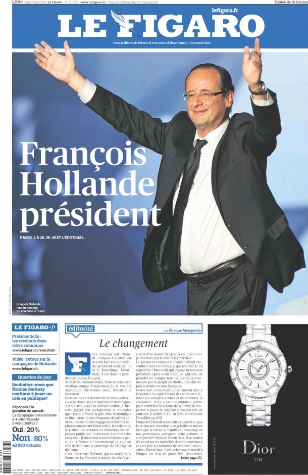 "Le Figaro" salue la victoire de Fran&ccedil;ois Hollande &agrave; l'&eacute;lection pr&eacute;sidentielle, dans son &eacute;dition du 7 mai 2012.&nbsp; (LE FIGARO)