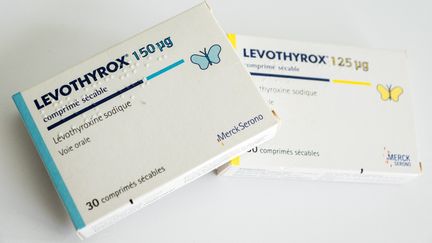 Une boîte de Levothyrox, médicament fabriqué par les laboratoires Merck, utilisé dans le traitement de maladies liées à la thyroïde. (NICOLAS LIPONNE / NURPHOTO  / AFP)