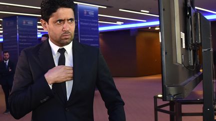 Nasser Al-Khelaïfi, au Congrès de l'UEFA, le 7 février 2019 à Rome. (ANDREAS SOLARO / AFP)