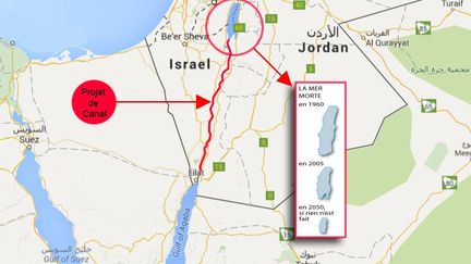 Depuis trente ans, existe sur le papier un projet de canal - appelé canal des deux Mers ou canal de la Paix, selon les périodes - reliant la mer Rouge à la mer Morte. Les protagonistes (Jordaniens, Israéliens, Palestiniens) ont déjà plusieurs fois signé des accords - le dernier date d'avril 2015 - mais la réalisation d'un aqueduc long de 180 km ne s'est jusqu'à présent pas concrétisée. Plusieurs associations écologistes sont intervenues dans le débat. Selon elles, le déversement de l'eau de la mer Rouge dans la mer Morte risquerait d'en transformer radicalement la composition chimique unique. On pourrait alors y voir se développer des cristaux de gypse et des algues rouges. En d'autres termes, une nouvelle catastrophe. (Google et Géopolis)