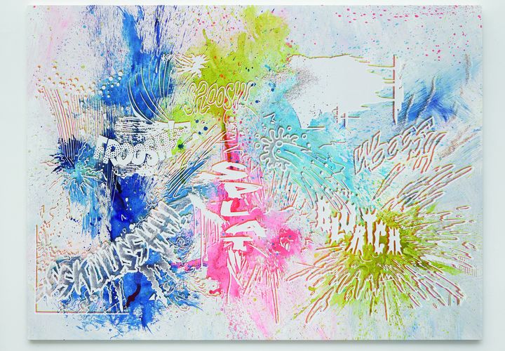 "Actions : Froosh Sploosh Wooosh Skkuusshh, Splat, Blortch (N°2)" 2014. Encre sérigraphique sur peinture acrylique sur toile de Christian Marclay. (© CHRISTIAN MARCLAY PHOTO COURTESY CHRISTIAN MARCLAY STUDIO/PHOTO WHITE CUBE (GEORGE DARRELL))