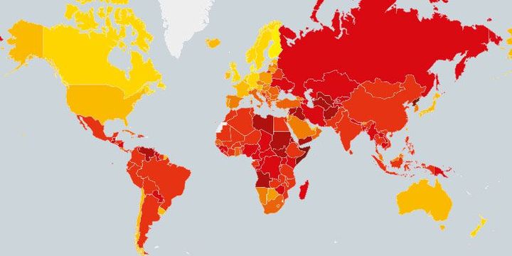 La corruption dans le monde. Plus le pays est en rouge, plus le niveau de corruption est important, selon l'ONG. (Transparency International)