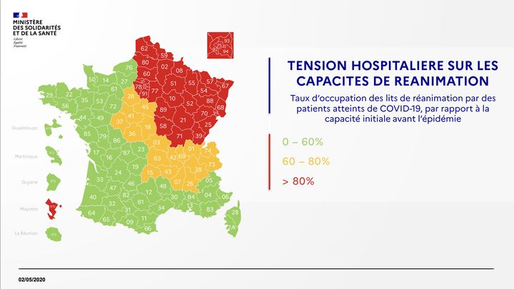 Carte des tensions hospitalière au 2 mai 2020. (DGS / FRANCEINFO)