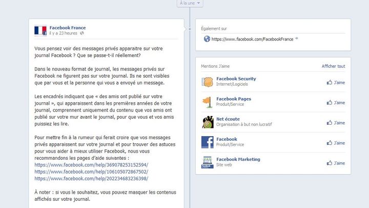 Capture d'&eacute;cran du message de Facebook France publi&eacute; le 30 septembre 2012. (FACEBOOK)