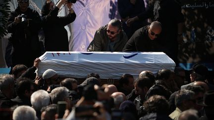 The coffin of Dariush Mehrjui during the funeral ceremony in Tehran commemorating him and his wife Vahideh Mahammadifar.  (ROUZBEH FOULADI / MAXPPP)