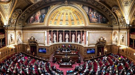 Les sénateurs réunis pour une discussion générale portant sur le projet de loi de gestion de la crise sanitaire, à Paris, le 11 janvier 2022. (ARTHUR NICHOLAS ORCHARD / HANS LUCAS)