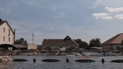 La destruction du barrage de Kakhokva, en Ukraine, a aussi causé des dégâts dans les zones occupées par les Russes. C'est notamment le cas à Kokhany, sur la rive gauche du Dniepr, où l'eau s'étend sur des kilomètres. De nombreuses maisons se sont effondrées. (franceinfo)