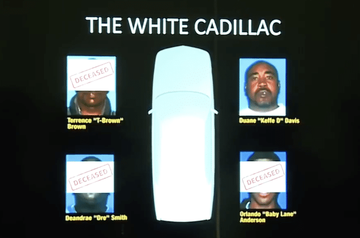 The occupants of the white Cadillac involved in the murder of rapper Tupac Shakur, according to a document shown by the Las Vegas police (United States), September 29, 2023. (LAS VEGAS POLICE)