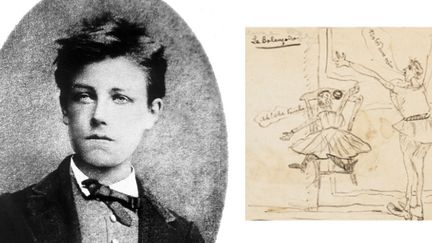 Arthur Rimbaud et  "La balançoire", l'un de ses dessins autographes de collégien en vente chez Sotheby's.
 (Archives Zephyr / AFP pour la photo - Sotheby&#039;s pour le dessin)