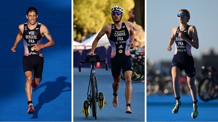 Léo Bergère, Dorian Coninx et Cassandre Beaugrand lors du test event de triathlon à Paris, en août 2023. (AFP)