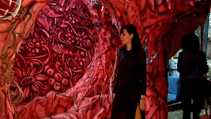 Hanna Ouaziz à l'intérieur de l'installation gigantesque de Nosbé
 (France 3 / Culturebox)