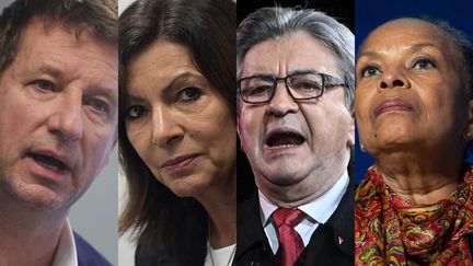 Yannick Jadot, Anne Hidalgo, Jean-Luc Mélenchon et Christiane Taubira. (JULIEN DE ROSA / Anne-Christine POUJOULAT / Alexis Sciard / AFP / MAXPPP)