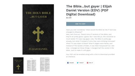 La couverture de "La Sainte-Bible... version plus gay", publiée par le youtubeur américain Elijah Daniel. (THEBIBLEBUTGAYER)