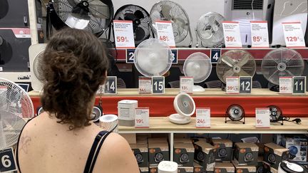 Une cliente dans le rayon consacré aux ventilateurs d'un magasin à Marseille, au premier jour d'une vague de chaleur, le 15 juin 2022. (MAXPPP)