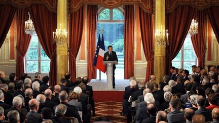 Nicolas Sarkozy le 25 août 2010 pour son traditionnel discours aux ambassadeurs à l'Elysée. (AFP - Lionel Bonaventure)